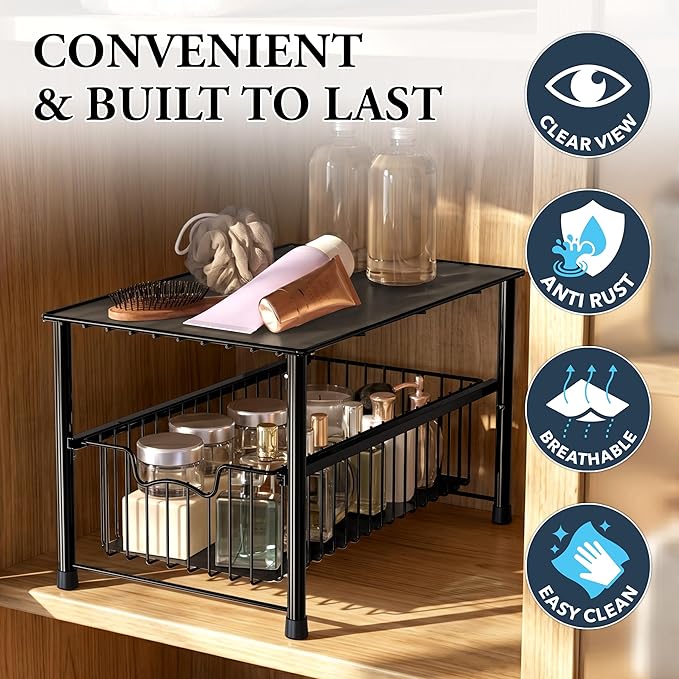 Simple Houseware Wired Stackable Under Sink Cabinet Sliding Basket, Black - Image 5