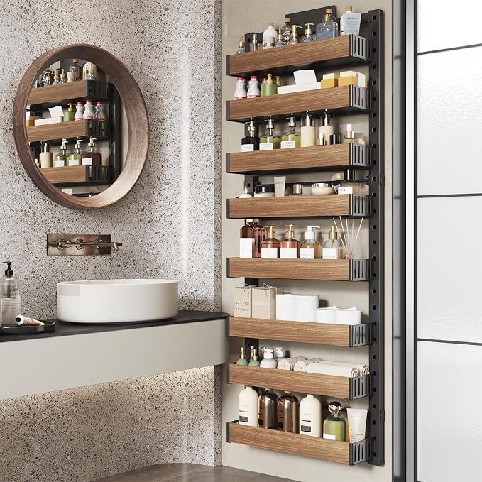 8 Tier Over the Door Pantry Organizer with Adjustable Wooden Baskets, Heavy Duty 2 in 1 Wall Mounted & Hanging Spice Rack for Kitchen, Cabinet and Closet Organization - Image 7