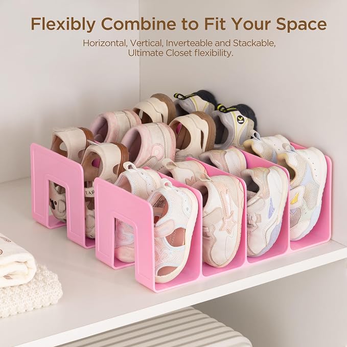 HBlife Pink Acrylic Kids Shoe Rack for Closet Organizers and Storage, Small Shoe Rack 4 Sections Toddler Baby Shoe Storage Organizer Stackable Shoe Shelf,Desk File Sorter Book Purse Organizer(2 Pack) - Image 4