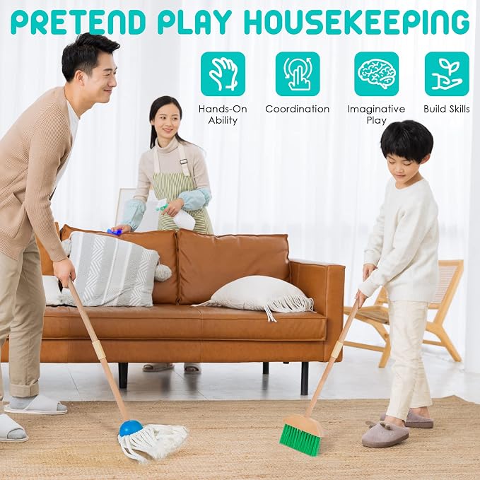Kids Cleaning Set, 8 Pcs Wooden Housekeeping Play Toy Broom Mop Set - Image 3