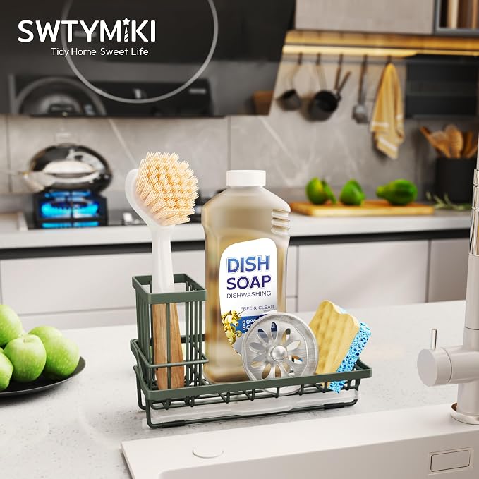 SWTYMIKI Sink Caddy Sponge Holder - Kitchen Sink Organizer with High Brush Holder for Countertop to Hold Dish Soaps and Sponges, Stainless Steel, Green - Image 5