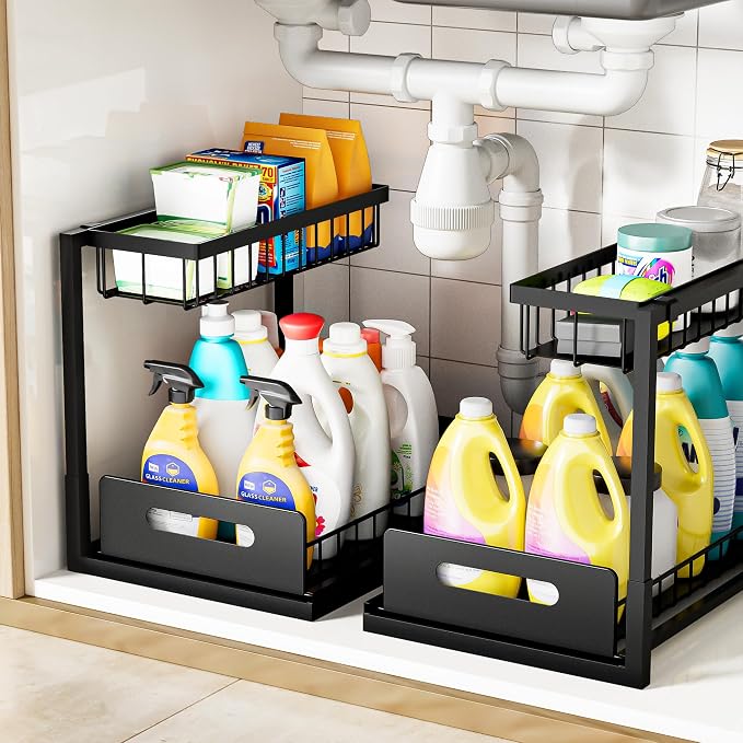 Under Sink Organizer and Storage, Slide Out Cabinet Organizer, Pull Out Sink Shelf for Kitchen Bathroom Laundry, 2 Pack Black by VUSIGN