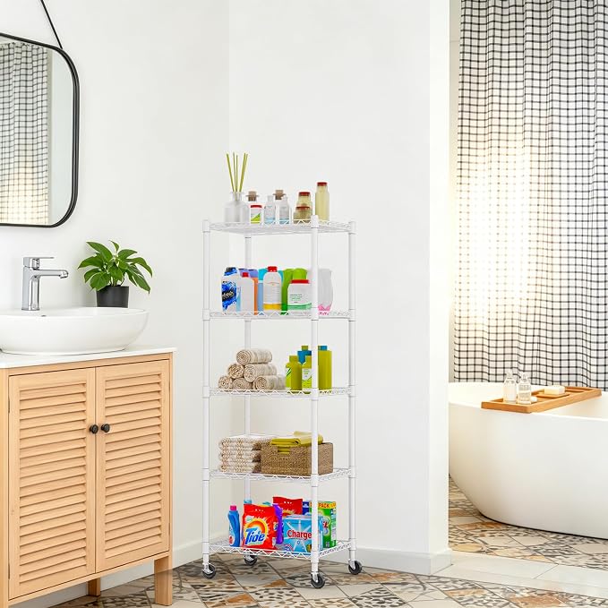 REGILLER 5-Wire Shelving Metal Storage Rack Adjustable Shelves,Standing Storage Shelf Units for Laundry Bathroom Kitchen Pantry Closet(White,11.8" D x 16.6" W x 53.5" H,With Wheels) - Image 7