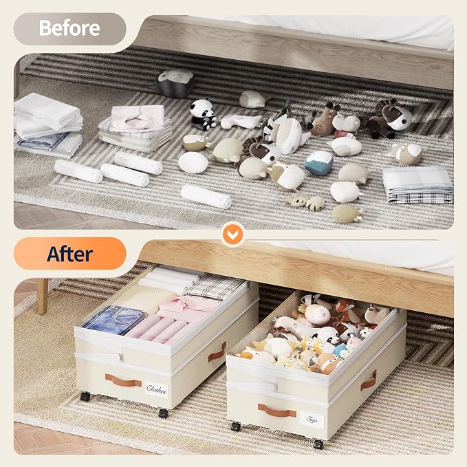 Yecaye 90L Under Bed Storage with Wheels, Height Adjustable, 2 Pack, Beige - Image 7