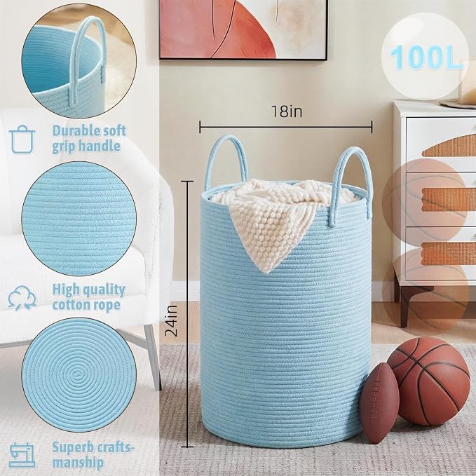 Laundry Basket,Woven Cotton Rope Laundry Hamper,100L for Decor Storage of Dirty Clothes,Toys and Blankets in Bathroom,Baby Room and Living Room - Image 6