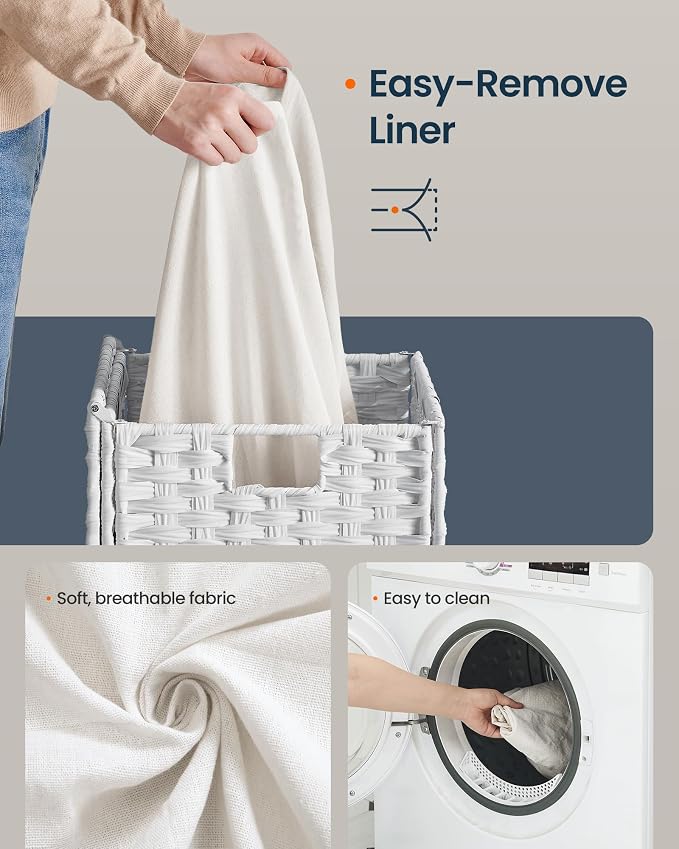 SONGMICS HOME Laundry Hamper with Lid, Clothes Basket with Removable Liner and Handles, 23.8 Gallon, Foldable Narrow Laundry Organizer for Bathroom, Bedroom, White - Image 4