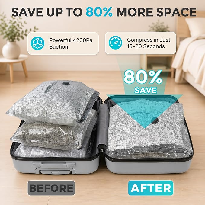 15 Pack Vacuum Bags for Travel with Cordless Electric Pump, Vacuum Storage Bags for Carry-On Luggage, 3 Sizes Compression Space Saver Bags for Clothes and Suitcases - Image 3