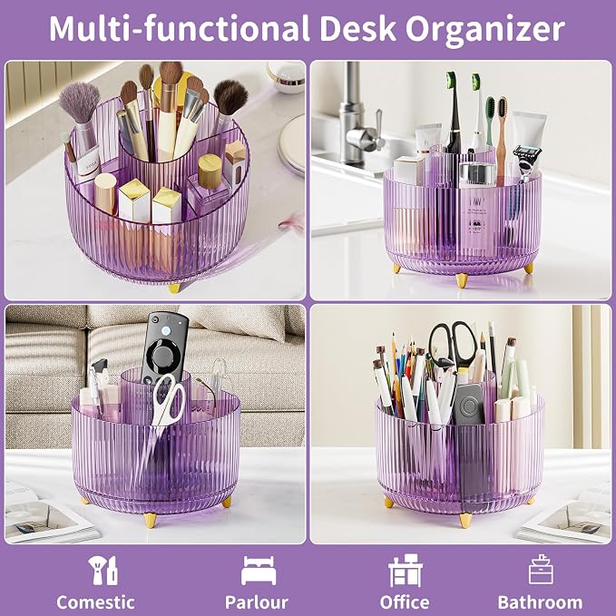 Clear Rotating Makeup Organizer Countertop for Vanity, 360° Makeup Brush Holder Organizer with 5 Compartments, Transparent Cosmetic Storage for Lipstick, Skincare, Bathroom Counter(Transparent Purple) - Image 3
