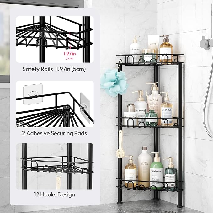 SWTYMIKI Standing Shower Caddy Corner - 3‑Tier Stainless Steel Shower Organizer Shelf with 12 Hooks and Adhesive Pads, Rustproof Corner Shelves Stand Rack for Bathroom Shower Room, Black - Image 4