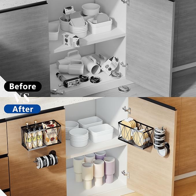 Adhesive Cabinet Door Organizer with Lid Holders & Storage Baskets - Image 6