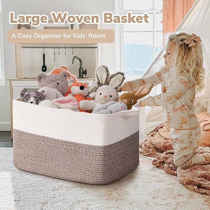 Goodpick Large Woven Rope Blanket Basket, Rectangle, White & Brown - Image 2