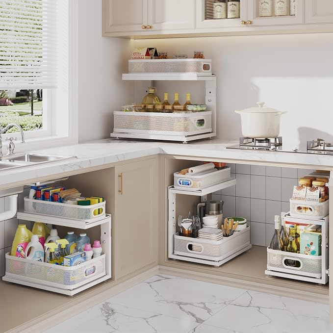 2 Pack Under Sink Organizer With Next-Gen Ball-Bearing Slides,2-Tier Precision Mesh Pull Out Cabinet Drawers Storage for Bathroom&Kitchen,Height Adjustable Shelf,Rust-resistant-Patent Pending - Image 8