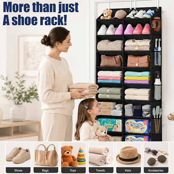 UVIAHOMI 20-30 Pairs Over the Door Shoe Organizer with Side Mesh Pockets, 10-Tier Hanging Shoe Storage for Closet, Breathable Door Shoe Rack Holds Sneakers, Boots, Heels & Daily Essentials, Black - Image 7