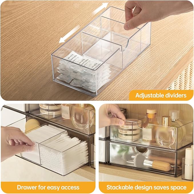 PAVSTINE Medicine Cabinet Organizer 3 Pack, Plastic Stackable Storage with 2 Drawers, Bathroom Mirror Cabinet Organizer with Removable Dividers for Wall Cabinet, Vanity, Countertop, Clear - Image 3