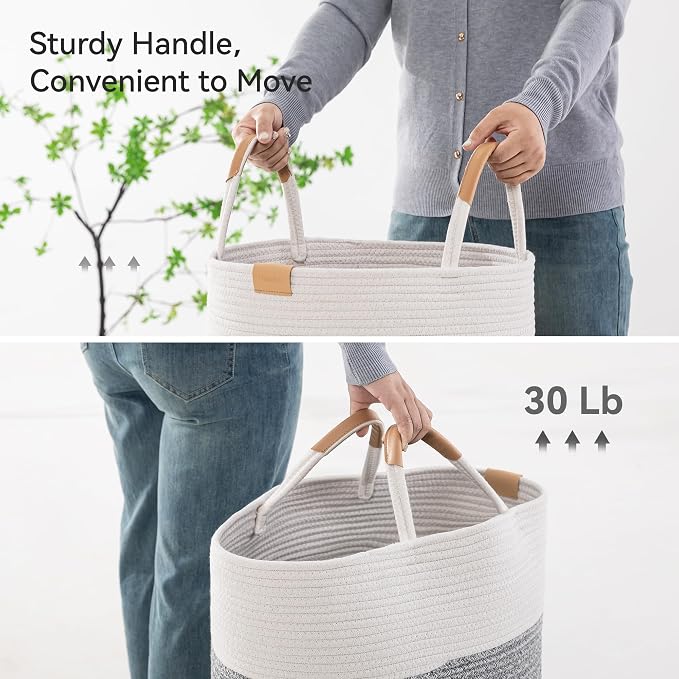 Nunsino 62L Striped Laundry Hamper with Leather Handles,Large Foldable Laundry Basket for Clothes,Cotton Rope Storage Bin for Blankets,Woven Clothes Basket for Bedroom,Gray Stripes - Image 5