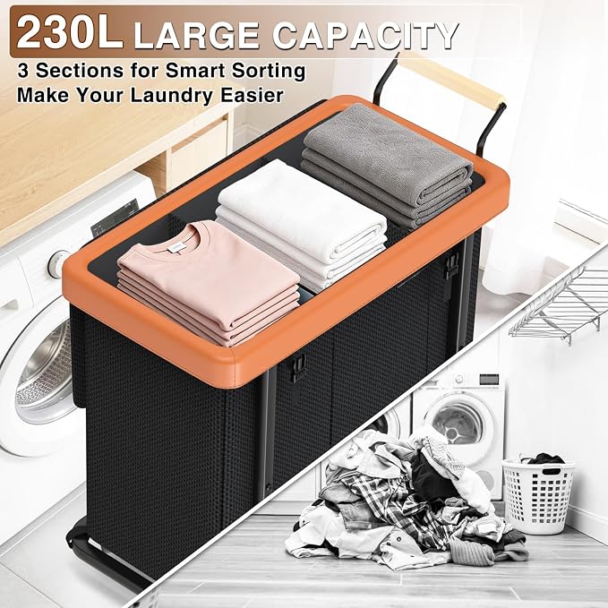 Rolling Laundry Hamper with Wheels, Laundry Hamper 3 Section with Lid Black - Image 4