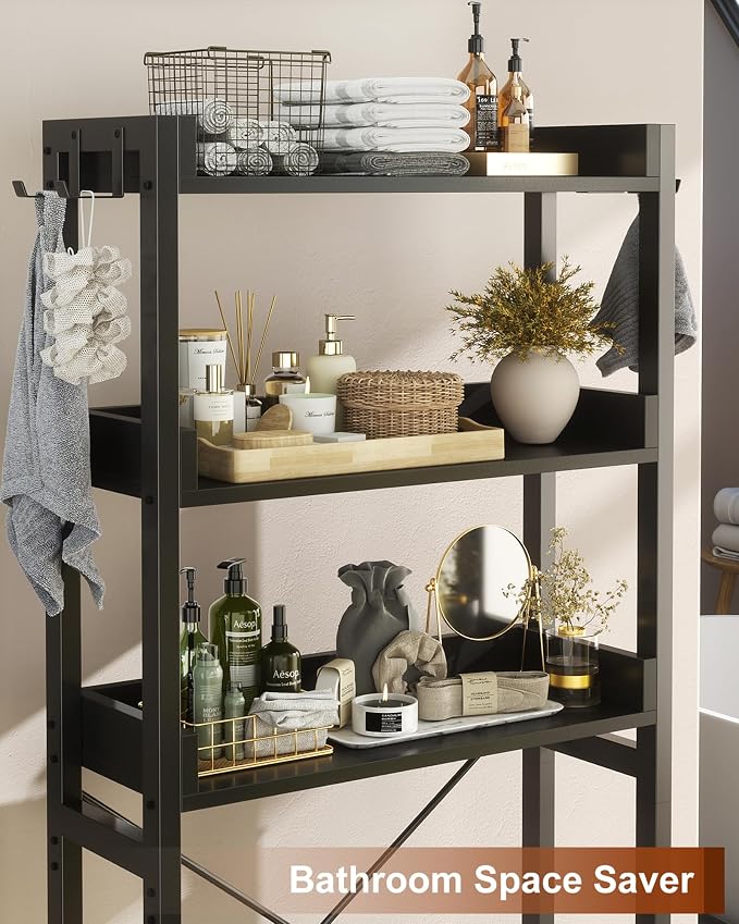 Ecoprsio Over-The-Toilet Storage Rack, 3-Tier Bathroom Organizer Shelf Over Toilet, Freestanding Space Saver Toilet Stands with 4 Hooks, Black - Image 7