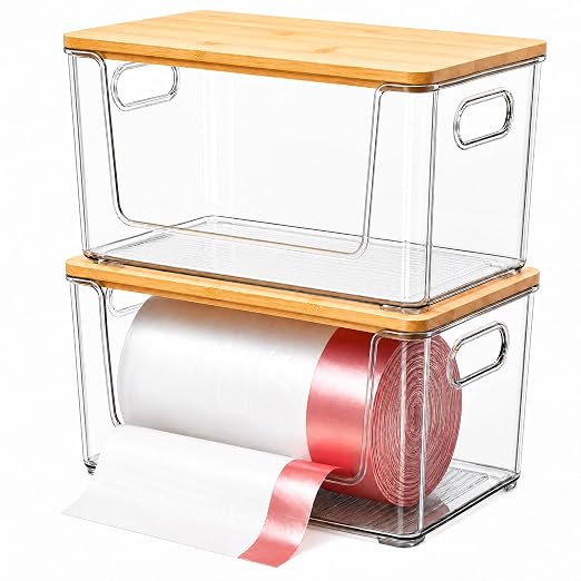 Trash Bag Holder 2 Pack, Stackable Garbage Bag Dispenser with Bamboo Lid, Extra Large Trashbag Dispenser for 13/30/33 Gallon Bags, Clear Organizer for Under Sink Kitchen Laundry Room by Unknown