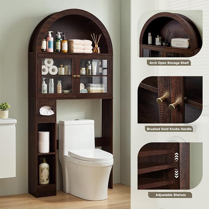 Over the Toilet Storage Cabinet with Arched Top, 68" Tall, Dark Walnut - Image 7