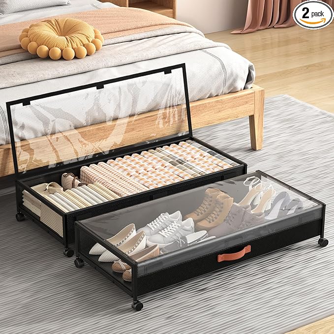 Under Bed Storage Containers with Wheels Large Underbed Shoes Blankets Clothes Toy Storage Drawers for College Dorms Bedrooms Nursery Rooms Organization (Black 2 Pack, 7.5in height(36"x16.6"x7.48")) by Unknown