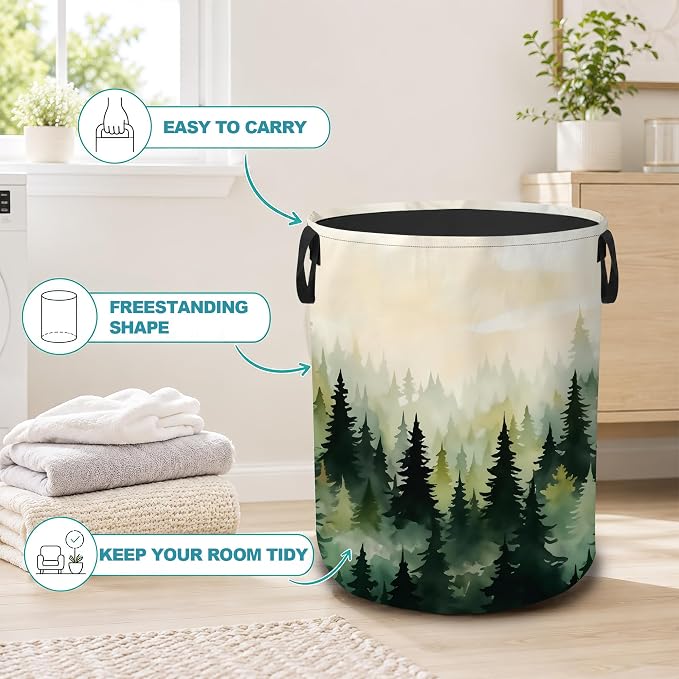 Laundry Hamper,Mountain Forest Collapsible Laundry Basket with Handles,Misty Pine Trees Waterproof Oxford Cloth Clothes Organizer for Bedroom Bathroom Dorm Nursery,16 x 20 Inch - Image 3