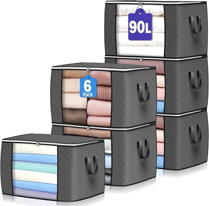 90L Large Storage Bags, 6 Pack Clothes Storage Bins Closet Organizers | Foldable Storage Containers, with Reinforced Handle, for Clothing, Blanket, Comforters, Bed Sheets, Pillows and Toys,Gray by BuddingJoy-BuildaJoyfulLifeforYou