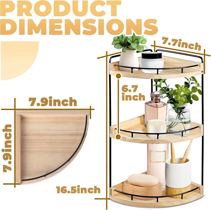 3 Tier Bathroom Counter Organizer, Bathroom Counter Tray and Vanity Organizer, Wood Corner Countertop for Kitchen, Dresser (Rustic Wood) - Image 3
