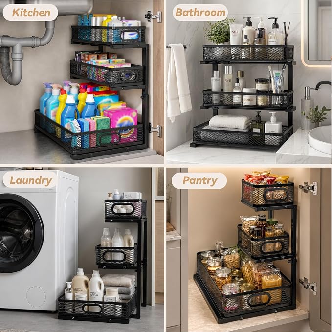 3-Tier Under Sink Organizer 2-Pack Organization for Bathroom Kitchen,Black - Image 8