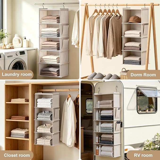 Foldable Hanging Closet Organizer, 5-Shelf Hanging Shelves with Side Pockets, Space Saving Storage for Clothes and Accessories - Image 6