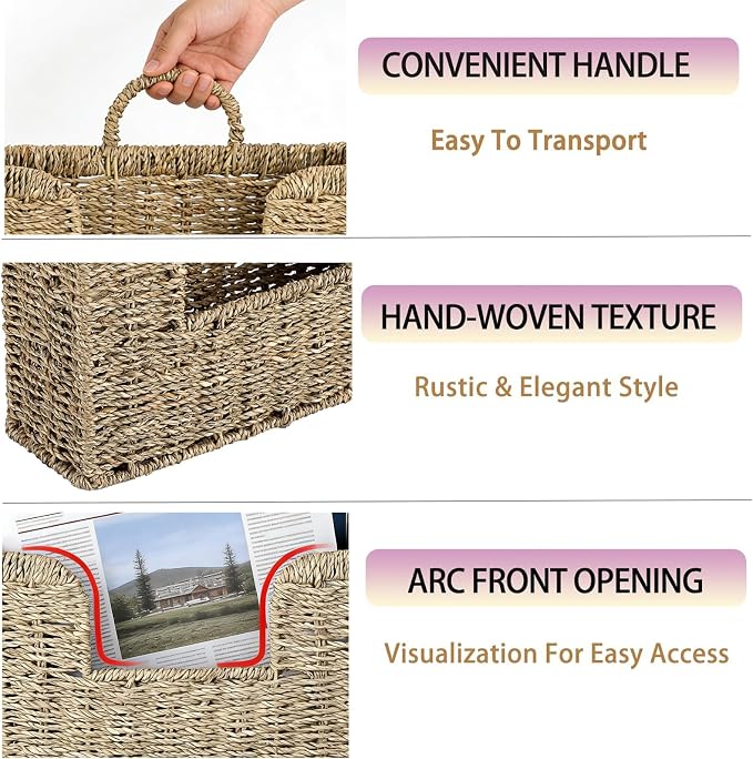 Hanging Magazine Basket, Woven Wall Magazine Holder Organizer with Handle for Mail, Files, Books - Water Hyacinth Farmhouse Storage Rack for Bathroom, Kitchen, Office (1, Sea Grass) - Image 8