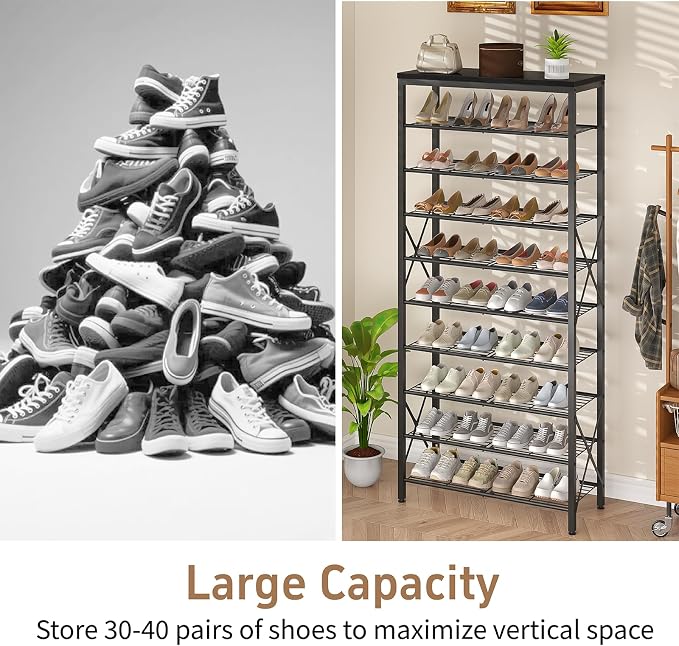 10-Tier Shoe Rack Organizer, Large Shoe Shelf with Metal Shelves, X Frames, Adjustable Shelves, Holds 40 Pairs, Black - Image 8