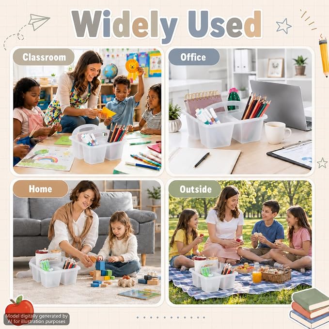 6 Pack Plastic Classroom Organizer Caddy with Handle, Clear - Image 6