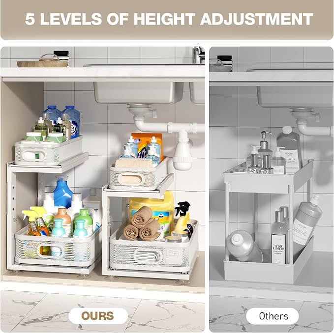 2 Pack Under Sink Organizer With Next-Gen Ball-Bearing Slides,2-Tier Precision Mesh Pull Out Cabinet Drawers Storage for Bathroom&Kitchen,Height Adjustable Shelf,Rust-resistant-Patent Pending - Image 9