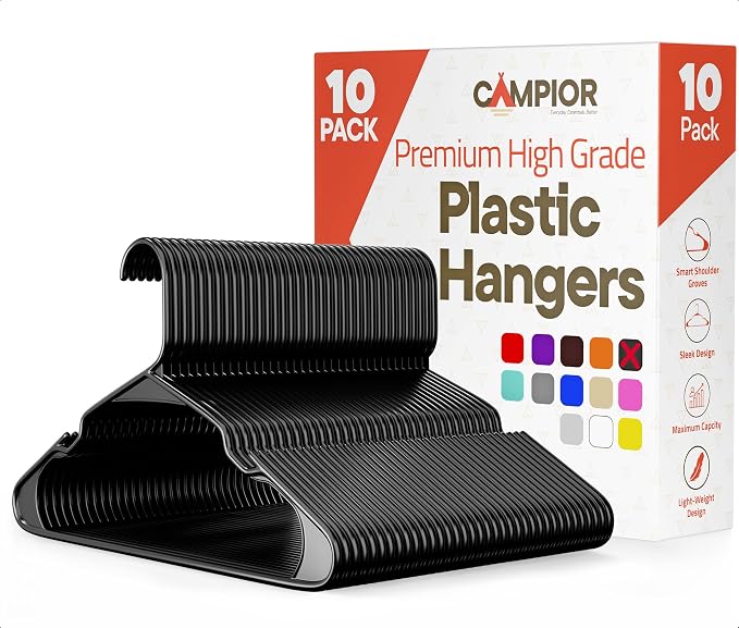 Black Plastic Hangers 10 Pack– Heavy-Duty Plastic Hangers Slim and Space-Saving, Durable and Lightweight PP with Non-Slip Shoulder Notches for Slip Dresses, Suits, Jackets & Camisoles by Campior