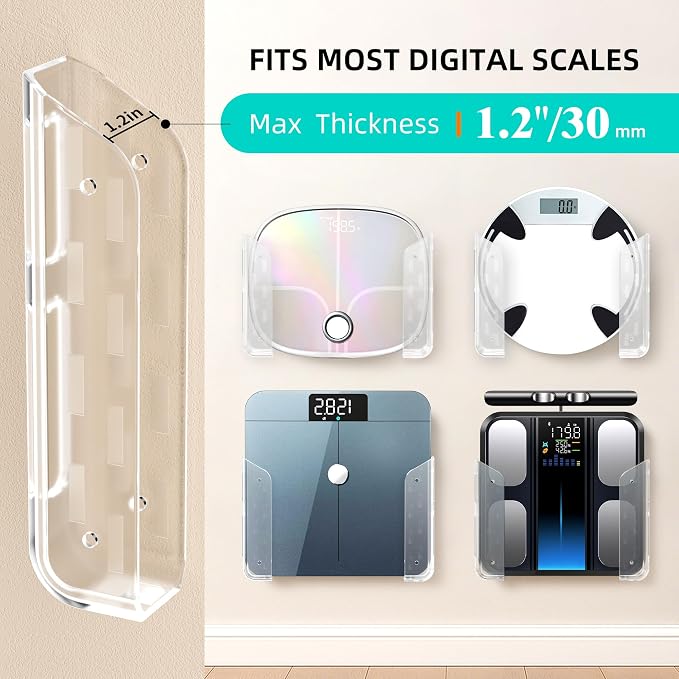 ELETIUO Wall-Mounted Scale Holder with Adhesive &Screws -Fits Most Digital Scales (Up to 1.2"/30mm Thick),Anti-Slip Silicone Pads,Space-Saving Bathroom/Bedroom Organizer-Easy to Install, Clear - Image 4