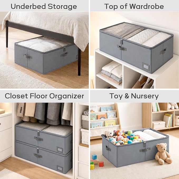 10" High Capacity Under Bed Storage Bins (2-Pack, Charcoal Grey), Deep 600D Heavy Duty Oxford Fabric Organizer Containers with Matching Vegan Leather Handles for Comforters, Pillows & Blankets - Image 5