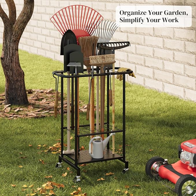 Rolling Garden Tool Organizer, Heavy Duty Steel Yard Tool Rack broom holder - Image 2