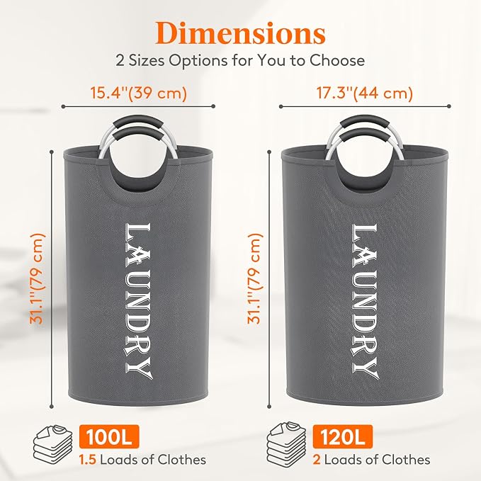Lifewit 2 Pack 100L Laundry Basket with Aluminum Handles, Grey - Image 2