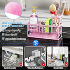 Cisily Pink Kitchen Sink Caddy Organzier with High Brush Holder, Sponge Holder for Sink, 304 Rustproof Stainless, Kitchen Countertop Soap Dispenser Organizer - Image 2