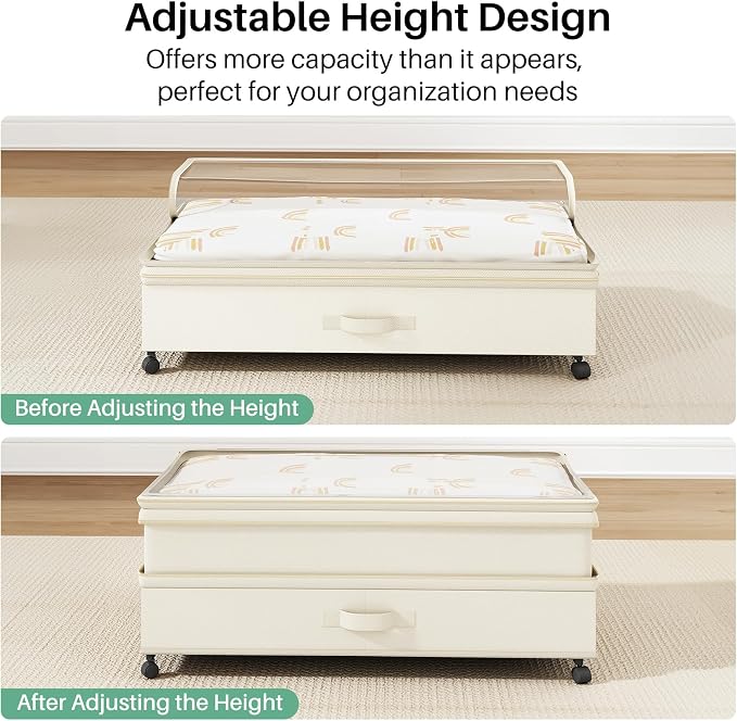 Kitstorack 2Pack Height-adjustable Under Bed Storage with Wheels, Under Bed Storage Containers,Under Bed Shoe Storage Organizer with Clear Window&Label, Suitable for Clothes Storage, Beige - Image 6