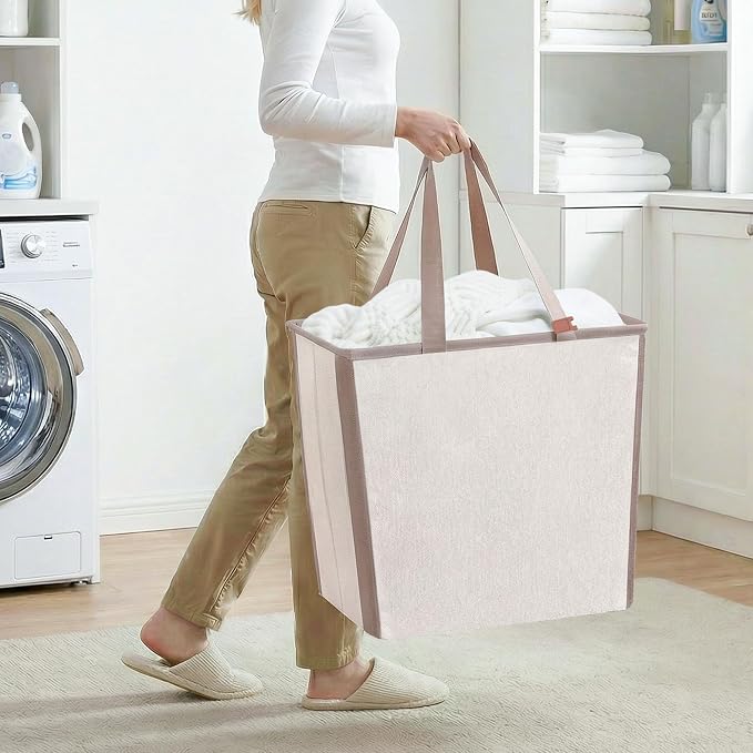STORAGE MANIAC Collapsible Laundry Basket, 16.9 Gal. Large Pop-up Laundry Hamper with Long Carry Handles, Space-Saving Foldable Clothes Hamper with Bottom Elastic Band, Travel Laundry Bags, Oat Beige - Image 3