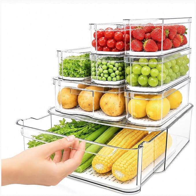 SMRCAD 8 Pack Clear Fridge Organizer Bins with Drain Trays - Stackable by SMRCAD