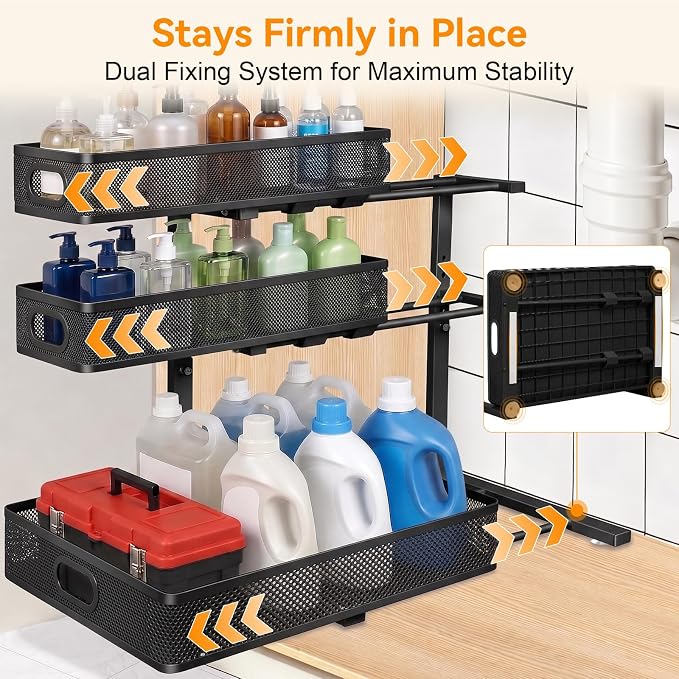 3 Tier Adjustable Under Sink Organizer for Bathroom & Kitchen(2Pack, Black) - Image 6