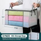 LANDNEOO 6-Pack Clothes Storage Bags, Plastic Foldable Blanket Storage bins, Closet Organizer Container for Bedroom, Bedding, Comforters, Pillows, and Clothing - 60L with Handles - Image 2
