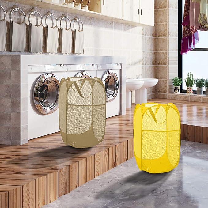 Mesh Pop up Laundry Hamper, Foldable Clothes Hamper Laundry Basket for Rooms, Apartment, College Dorm or Travel, Yellow - Image 4
