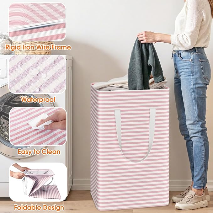 3-Pack Laundry Basket, Collapsible Laundry Hampers, 88L, Pink - Image 5