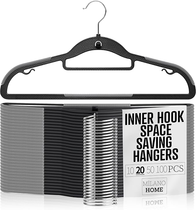 Plastic Hangers 20 Pack, Cascading Slim Space Saving Clothing Hangers with 360° Rotating Hook, Non Slip Clothes Hangers for Sweater Shirt, Heavy Duty Coat Hanger with Inner Hook for Closet, Black/Grey by milanohome