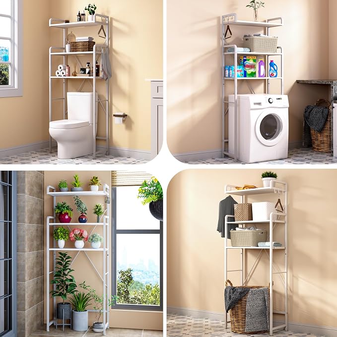 Huhote Over The Toilet Storage Rack with 3-Tier Bathroom Shelves, Space Saver Toilet Shelf, Bathroom Storage Organizer with Hooks for Over Toilet Storage and Shelf (White) - Image 4