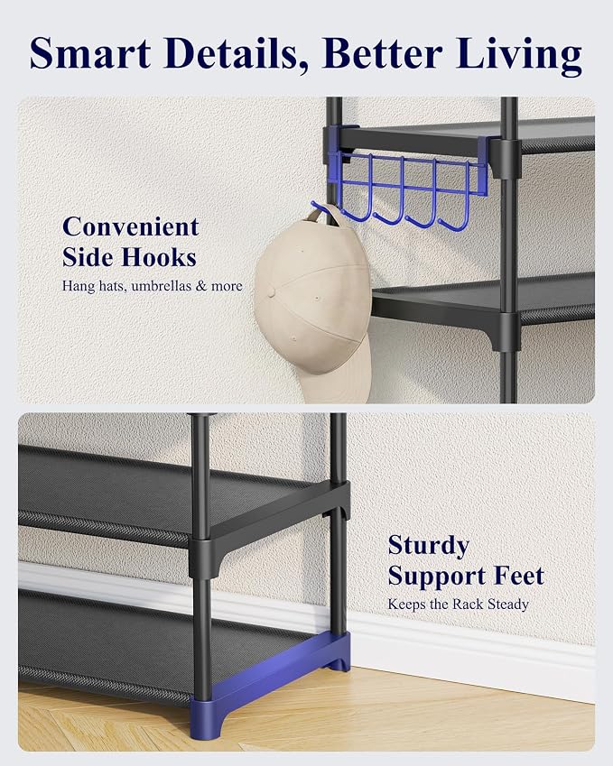 Kitsure 10 Tier Shoe Rack, Tall Shoe Organizer, 32.2" Wide, Black | Large-Capacity Shoe Storage with Hooks, Shoe Shelf for Closet, Entryway, Bedroom, Living Room, Zapateras Organizer - Image 5