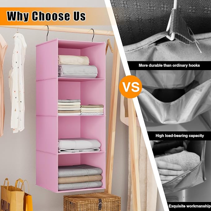 Hanging Closet Organizer 4-Shelf, Oxford Fabric Wardrobe Storage, Pink | Easy-mount foldable design holds clothes, handbags, shoes & accessories; washable Oxford fabric, sturdy and space-saving. - Image 8